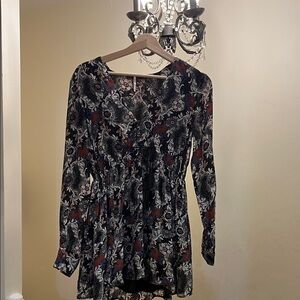 Free People Black Floral Long-Sleeve Smock Dress with Red Accents